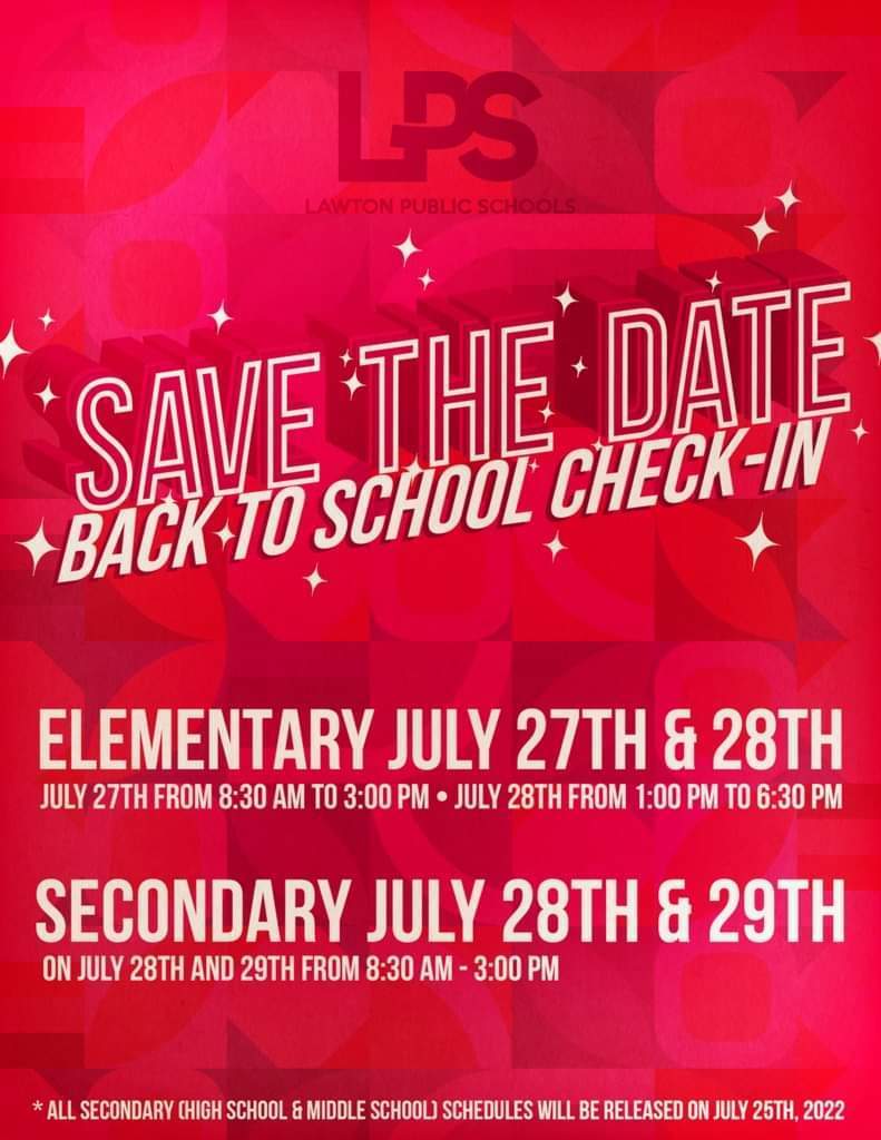 Red background with white letters explaining school checkin details.