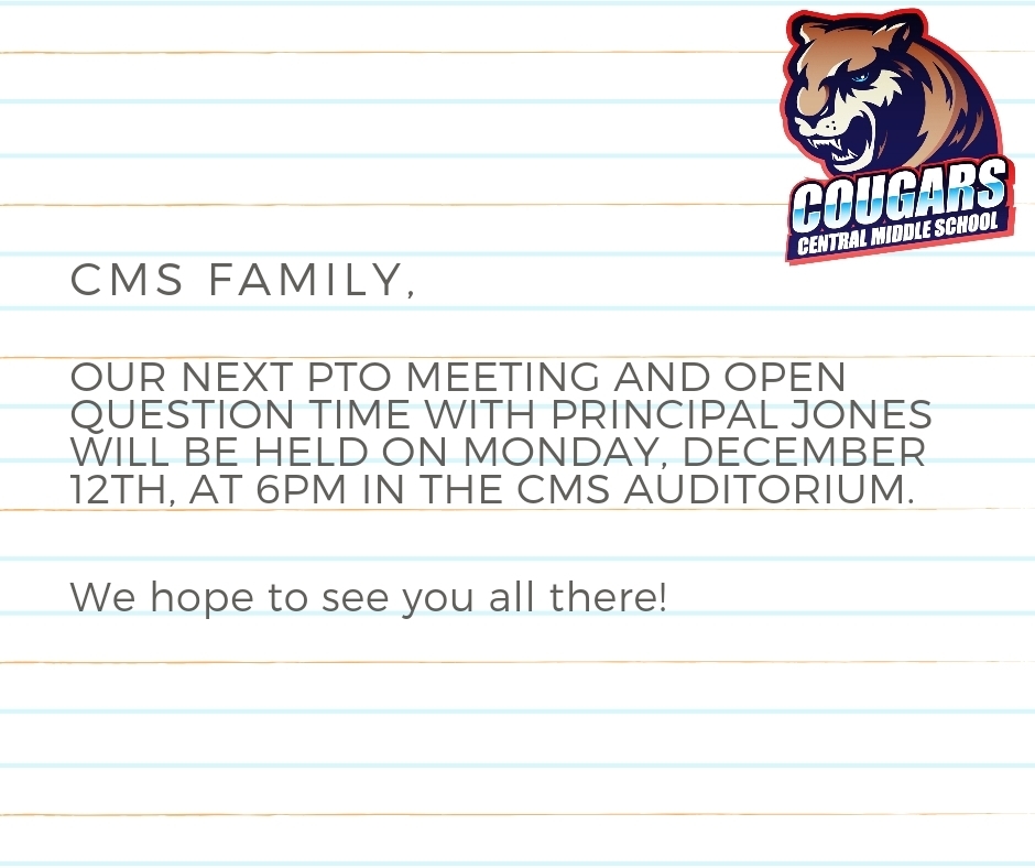 Index card with PTO Meeting on December 12th at 6pm in the CMS auditorium.