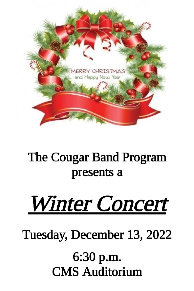 white background with Christmas wreath. information about band winter concert.