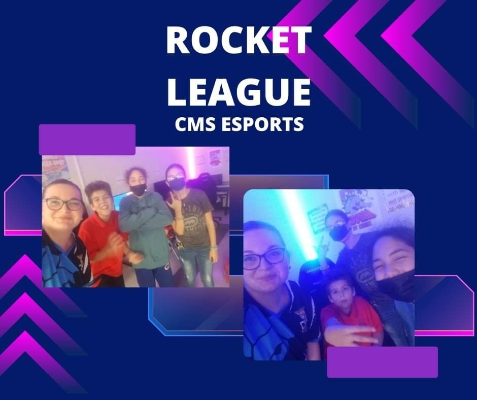 purple background: first line says RocketLeague. Second line says: CMS eSports. Two photos of esports teams with coach.