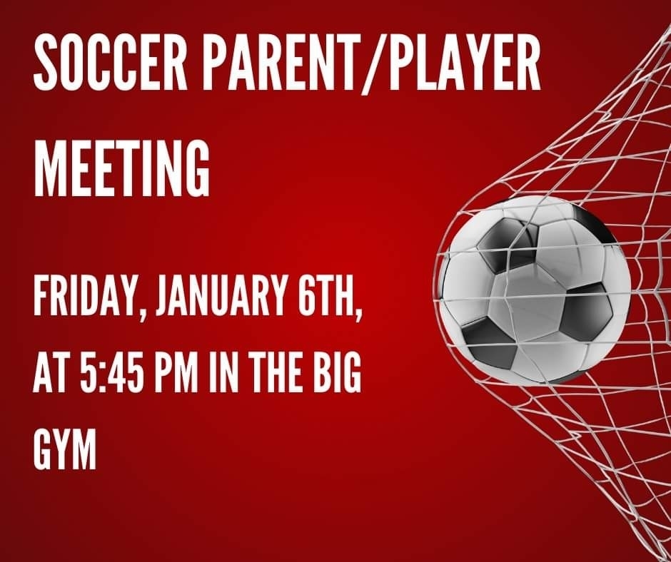 red background with soccer ball, and meeting info