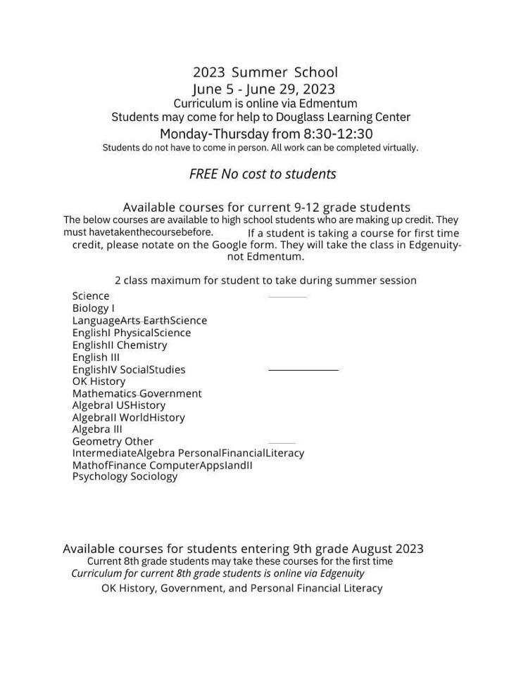 summer school info for 8th graders