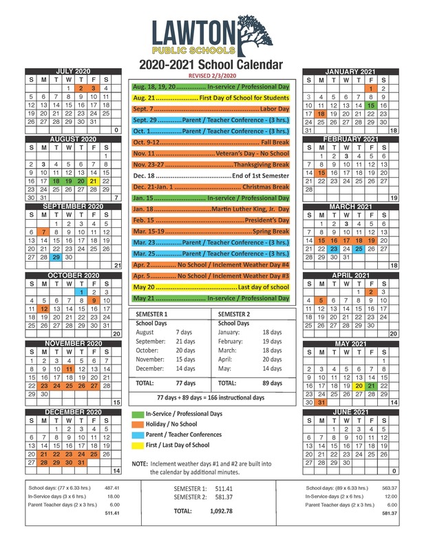 20202021 LPS School Calendar Lawton Public Schools